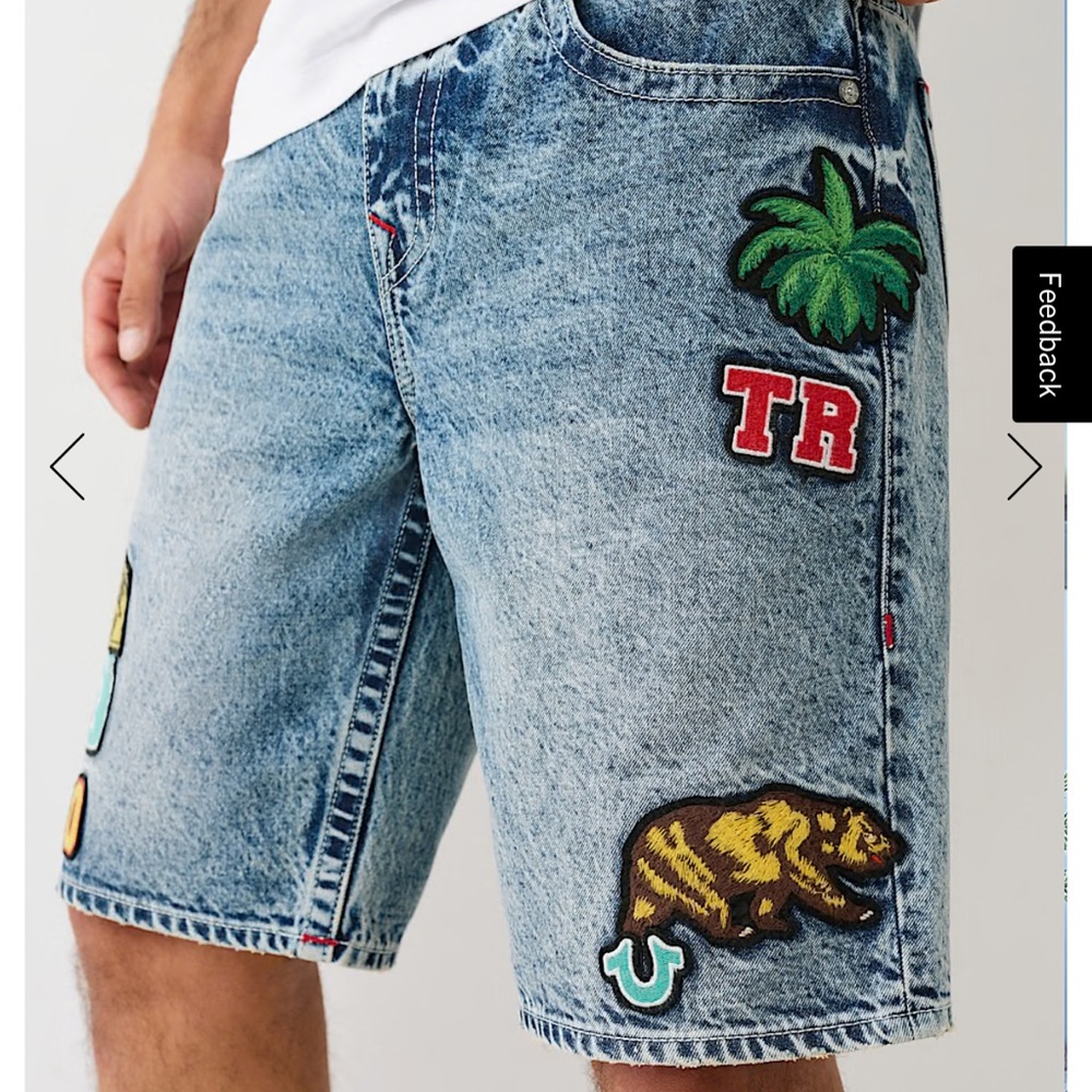 True Religion Blue Denim Shorts with Colorful Patches